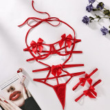 Bow Hollow Out Halter Neck Underwired Gathered Lace-Up Sexy Lingerie Set