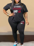 Plus Size Letter Print Short Sleeve Tee and Pants 2 piece Set