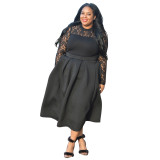 Plus Size Lace Patchwork Long Sleeve Sexy A-Line Dress