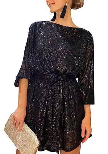 Sequin Boat Neck Long Sleeve Casual Loose Dress
