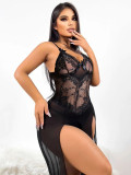Women Lingerie Transparent Sexy Black Lace Mesh Cami High Slit Night Dress