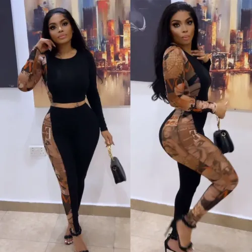 Sexy Print Patchwork Two Pieces Contrast Long Sleeve Crop Top Pants Set