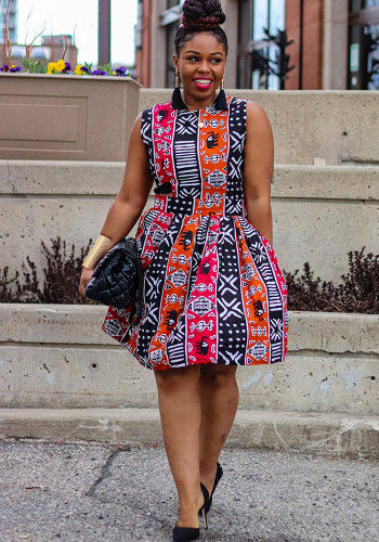 Sexy Irregular Print Cut Out Sleeveless African Dress