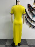 Print Short Sleeve Patchwork Bodycon Maxi Dress