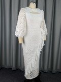 White Lace Lantern Sleeve Elegant Ruffle Long Party Dress