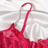 Hot Pink Lace Metal Chain Straps Hollow Nightgown Sexy Lingerie