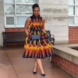 African Style Print Turndown Collar Sleeveless Tie Waist Dress