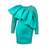 Elegant Lace Sleeve Formal Party Ruffle Midi Dress