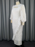 White Lace Lantern Sleeve Elegant Ruffle Long Party Dress
