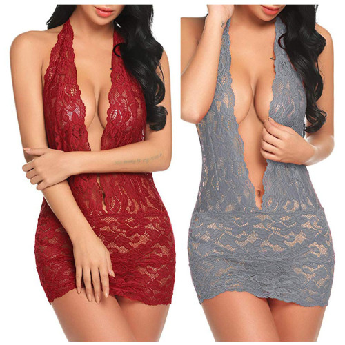 Solid Lace Halter Deep-V Neck Nightgown Sexy Lingerie