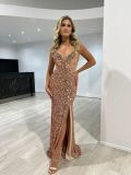 Party Sexy Straps Sequin Mesh Splicing Slit Long Evening Dress