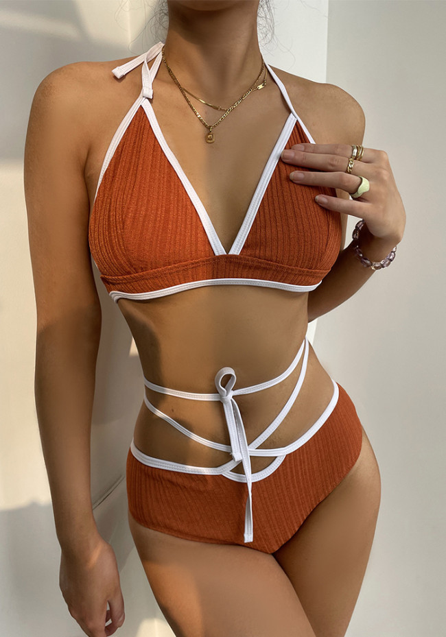 Solid Color Lace-Up Contrast Binding Bikini Set