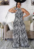 Whie and Black Print Halter Backless Wide Leg Jumpsuit