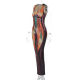 Trendy Printed Round Neck Sleeveless Bodycon Maxi Dress