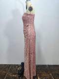 Slash Shoulder Sequin Sleeveless Ruched Slit Maxi Evening Dress