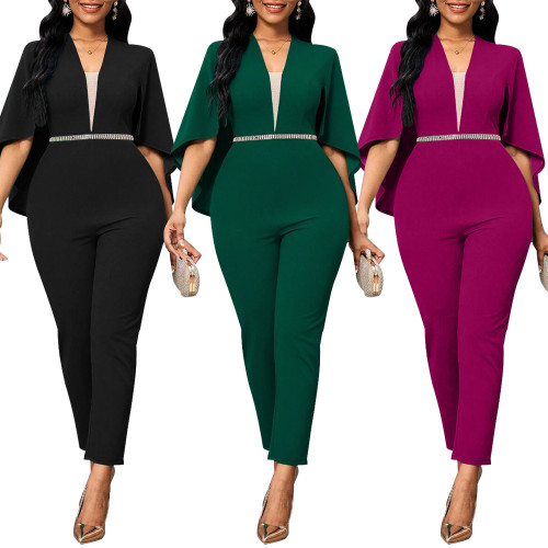 Solid Cape Sleeves Fashion Career Jumpsuit