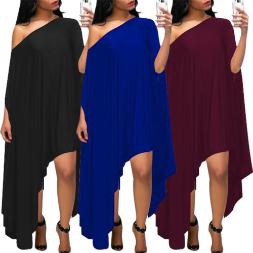 Solid Slash Shoulder Bat Sleeves Loose Dress(Free Size)