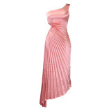 Pleated One Shoulder Cut Out Irregular Long Dress