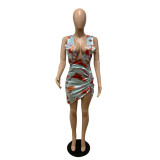 Fashion Deep-V Printed Irregular Ruched Bodycon Dresses
