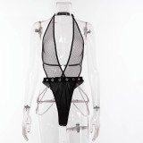 Sexy Mesh PU Leather Patchwork Halter Metal Chain One-piece Sexy Lingerie