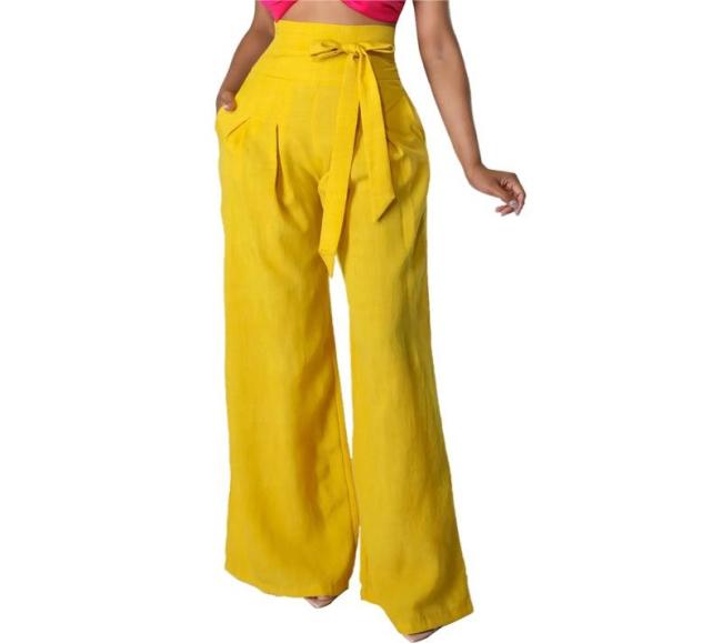 Yellow High Waisted Casual Tie Wide Leg Pants