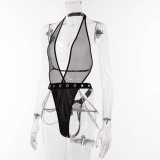 Sexy Mesh PU Leather Patchwork Halter Metal Chain One-piece Sexy Lingerie