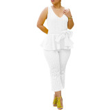 Solid V-Neck Sleeveless Belted Top Two-Piece Pants Set