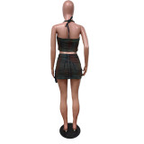 Trendy Denim 2PCS Set Strechy Halter Top and Pocket Skirt Set