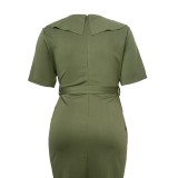 Chic Army Green Short Sleeve Plus Size Office Dress