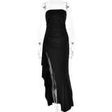 Sexy Strapless High Slit Ruched Solid Maxi Dress