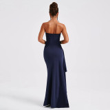 Sexy Strapless High Slit Ruched Solid Maxi Dress