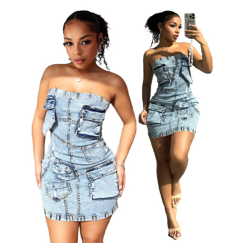 Sexy Strapless Denim Pocket Bodycon Dress