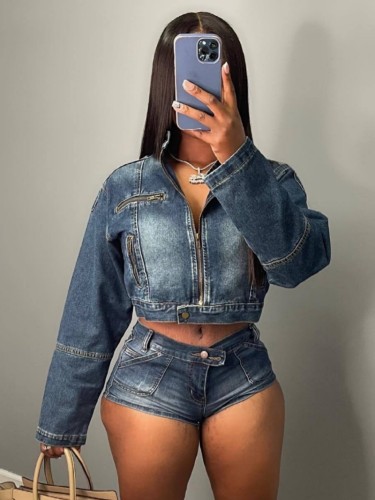 Casual Stretch Denim Cropped Jacket Two-Piece Shorts Set