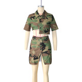 Casual Camo Print Turndown Collar Short Sleeve Top Slit Skirt 2PCS Set