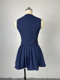Solid 2PCS Set V-Neck Sleeveless Vest Top Pleated Skirt