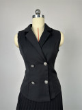 Chic  2 Piece Set Black Turndown Collar Double Breasted Vest Sleeveless Top + Pleated Midi Skirt