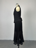 Chic  2 Piece Set Black Turndown Collar Double Breasted Vest Sleeveless Top + Pleated Midi Skirt