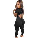 Back Cut Out Solid Drawstring Scrunch Short Sleeve Jumpsuit