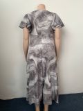 Plus Size Flutter Sleeve Print V-Neck Maxi Dress