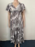 Plus Size Flutter Sleeve Print V-Neck Maxi Dress