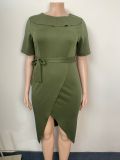 Chic Army Green Short Sleeve Plus Size Office Dress