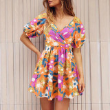 Summer V-Neck Floral Print Puff Sleeve Beach Short Dress