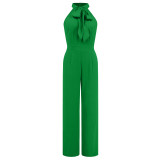 Sexy Solid Sleeveless Bow Tie Neck Straight Leg Jumpsuit