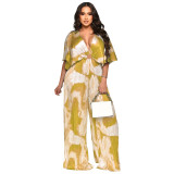 Fashion V-Neck Pleated Print Wide Leg Jumpsuit