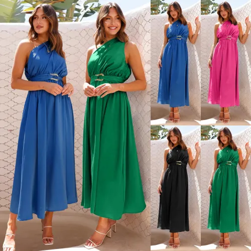 Elegant Solid Slash Shoulder Belted A Line Dress