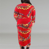 Plus Size Red Print Full Sleeve Belted Long Dress