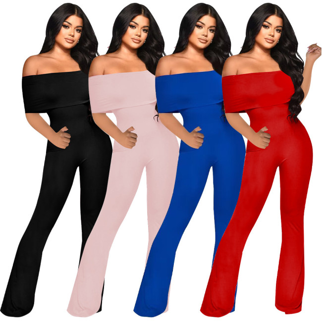 Sexy Solid Off Shoulder Tie Waist Jumpsuit