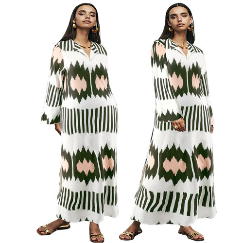 Plus Size Print Long Sleeve Slit Casual Maxi Dress