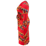 Plus Size Red Print Full Sleeve Belted Long Dress