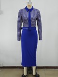 Print Patchwork Long Sleeve Midi Office Dress with Belt